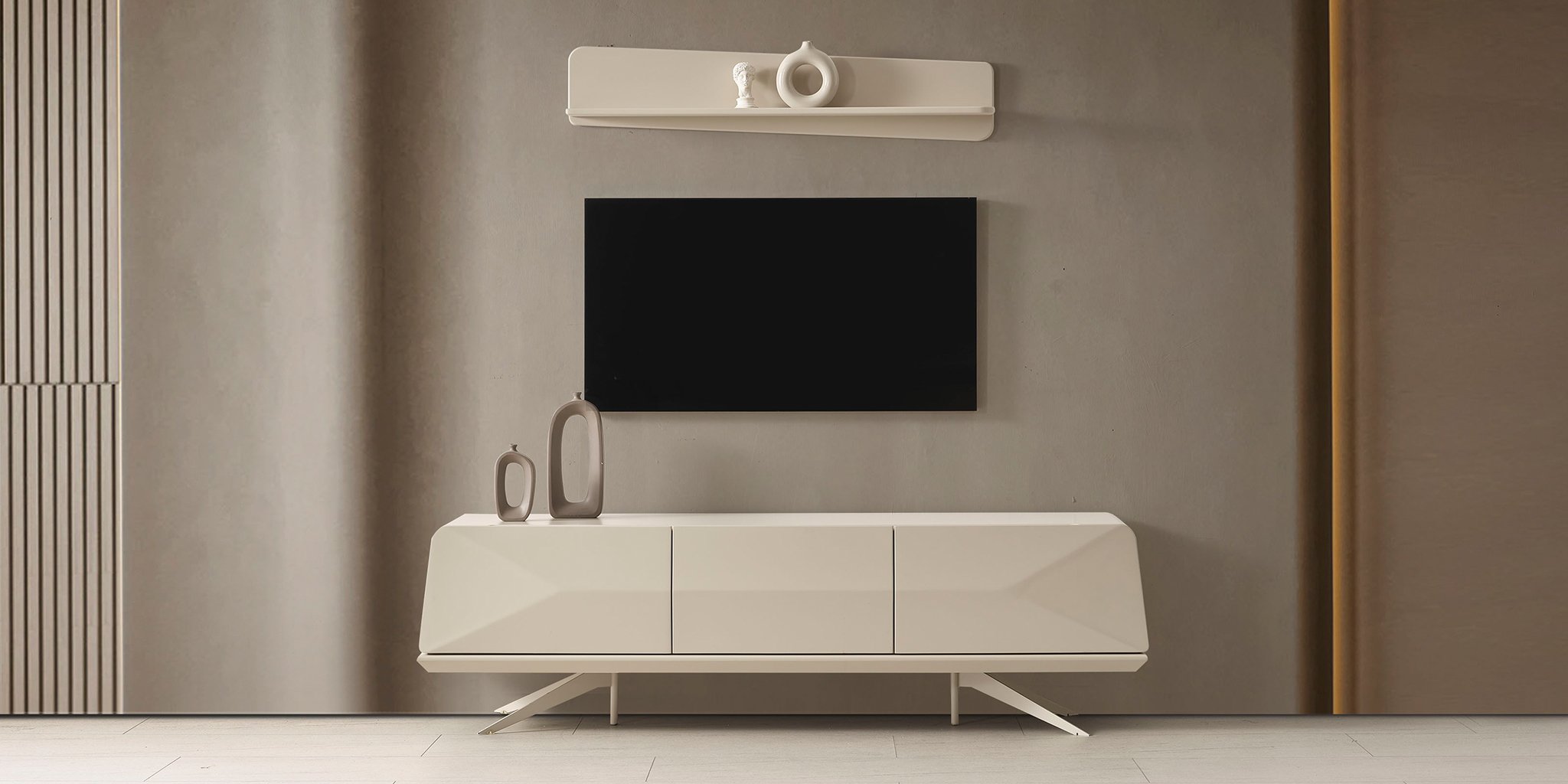 Modern bej Vakko Tv Ünitesi, geometrik detaylar ve şık metal ayaklarla donatılmış Kaliteli İnegöl mobilya.